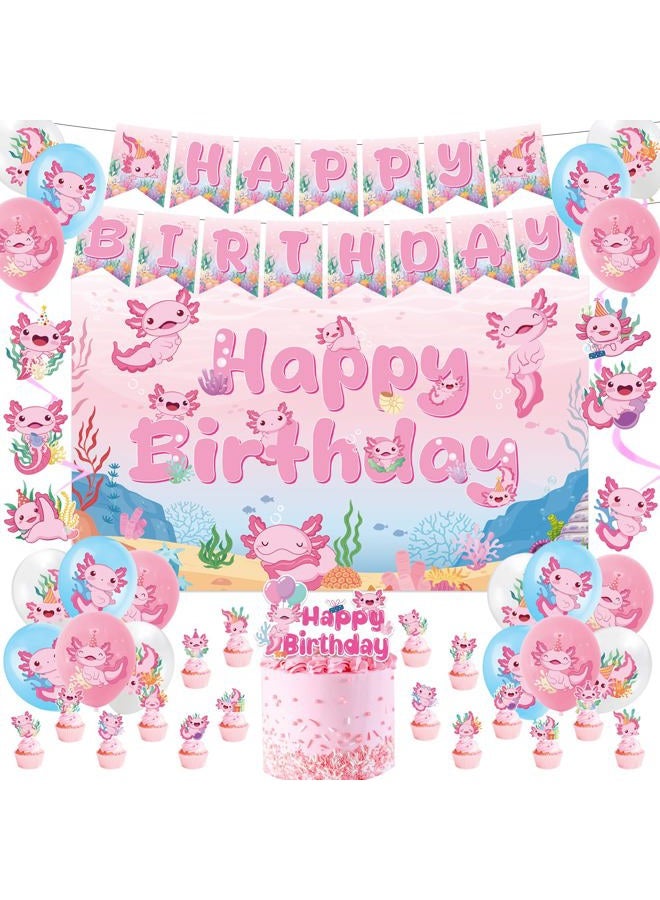 Refavor Axolotl Birthday Decorations Supplies, 44PCS Pink Axolotl Happy Birthday Decor Set for Girls, Includes Backdrop Banner Cupcake Topper Cake Topper Hanging Swirls Balloons - Image 1