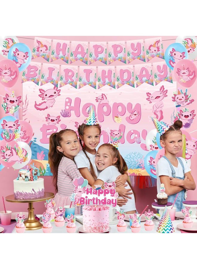 Refavor Axolotl Birthday Decorations Supplies, 44PCS Pink Axolotl Happy Birthday Decor Set for Girls, Includes Backdrop Banner Cupcake Topper Cake Topper Hanging Swirls Balloons - Image 3