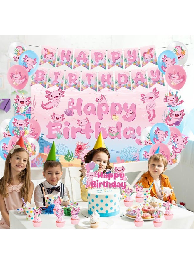 Refavor Axolotl Birthday Decorations Supplies, 44PCS Pink Axolotl Happy Birthday Decor Set for Girls, Includes Backdrop Banner Cupcake Topper Cake Topper Hanging Swirls Balloons - Image 4