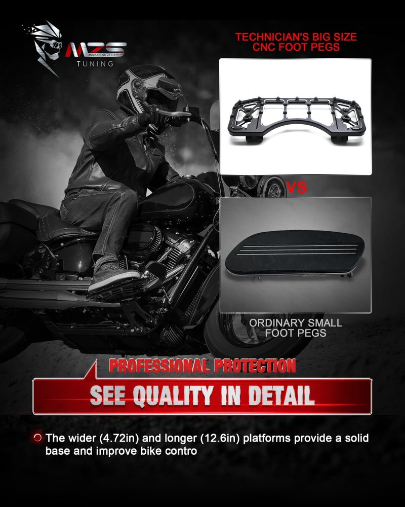 MZS Motorcycle Floorboards Passenger Driver Footboards Wide Foot Pegs Board Pedal Stretched Black Compatible with Dyna FLD/Electra Road Street Glide/Softail/Road King/Trike/Ultra Limited - Image 5