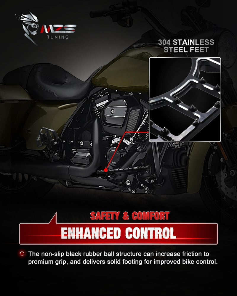 MZS Motorcycle Floorboards Passenger Driver Footboards Wide Foot Pegs Board Pedal Stretched Black Compatible with Dyna FLD/Electra Road Street Glide/Softail/Road King/Trike/Ultra Limited - Image 4