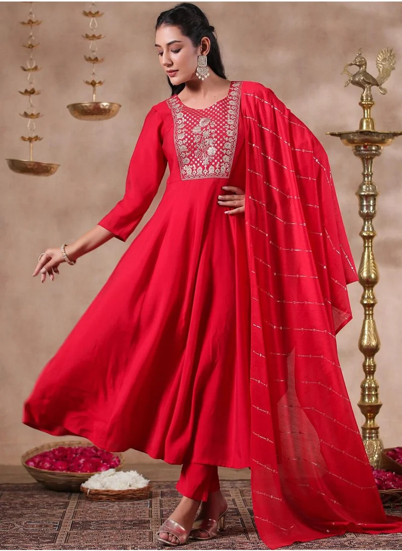 آي شين Women's Magenta Polyester Blend Embellished Tunic Full Length Casual Straight Fit Kurta Set