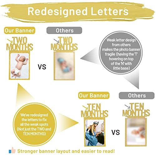 PartyHooman 1st Birthday Photo Banner for Baby from Newborn to 12 Months, First Birthday Decorations for Girl Monthly Milestones Garland | First Photo Banner Pre-strung with Frame (Gold) - Image 4