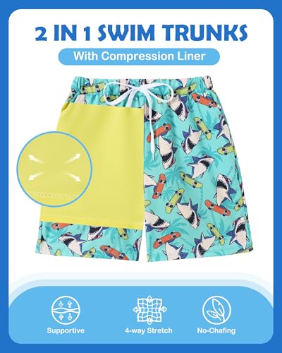 Ghteas Boys Swim Shorts with Compression Liner Boys Swimming Trunks Swimwear Quick Dry Boy Swimsuit Board Shorts Shark Swim Trunks Boy 6-7 - Image 4