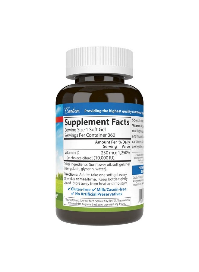 Carlson Vitamin D3 10000 Iu (250 Mcg) Cholecalciferol Bone & Immune Health 360 Soft Gels - Image 3