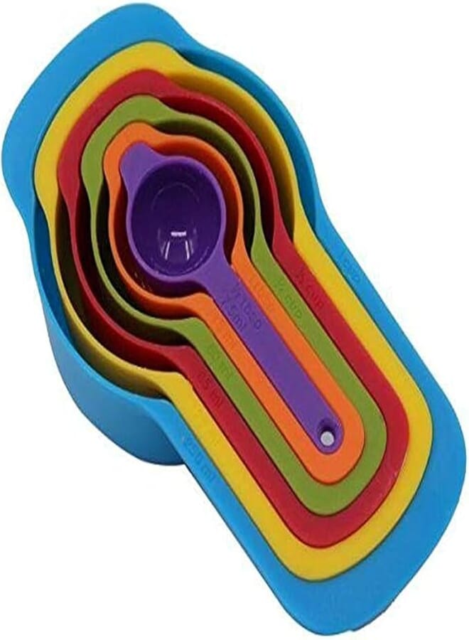 Showay 6 Pcs of Plastic Measuring Cups and Spoons Set. Stackable, Space Saving, Multi color Design.