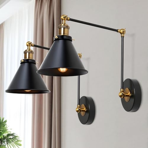 LALUZ Black Wall Sconces Lighting, 2 Pack Modern Industrial Swing Arm Plug in or Hardwired Adjustable Wall Lamp with Antique Brass Finish for Bedroom, Kitchen, and Living Room - Image 1
