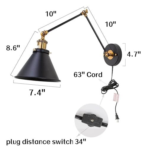 LALUZ Black Wall Sconces Lighting, 2 Pack Modern Industrial Swing Arm Plug in or Hardwired Adjustable Wall Lamp with Antique Brass Finish for Bedroom, Kitchen, and Living Room - Image 2