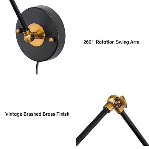 LALUZ Black Wall Sconces Lighting, 2 Pack Modern Industrial Swing Arm Plug in or Hardwired Adjustable Wall Lamp with Antique Brass Finish for Bedroom, Kitchen, and Living Room - Image 3