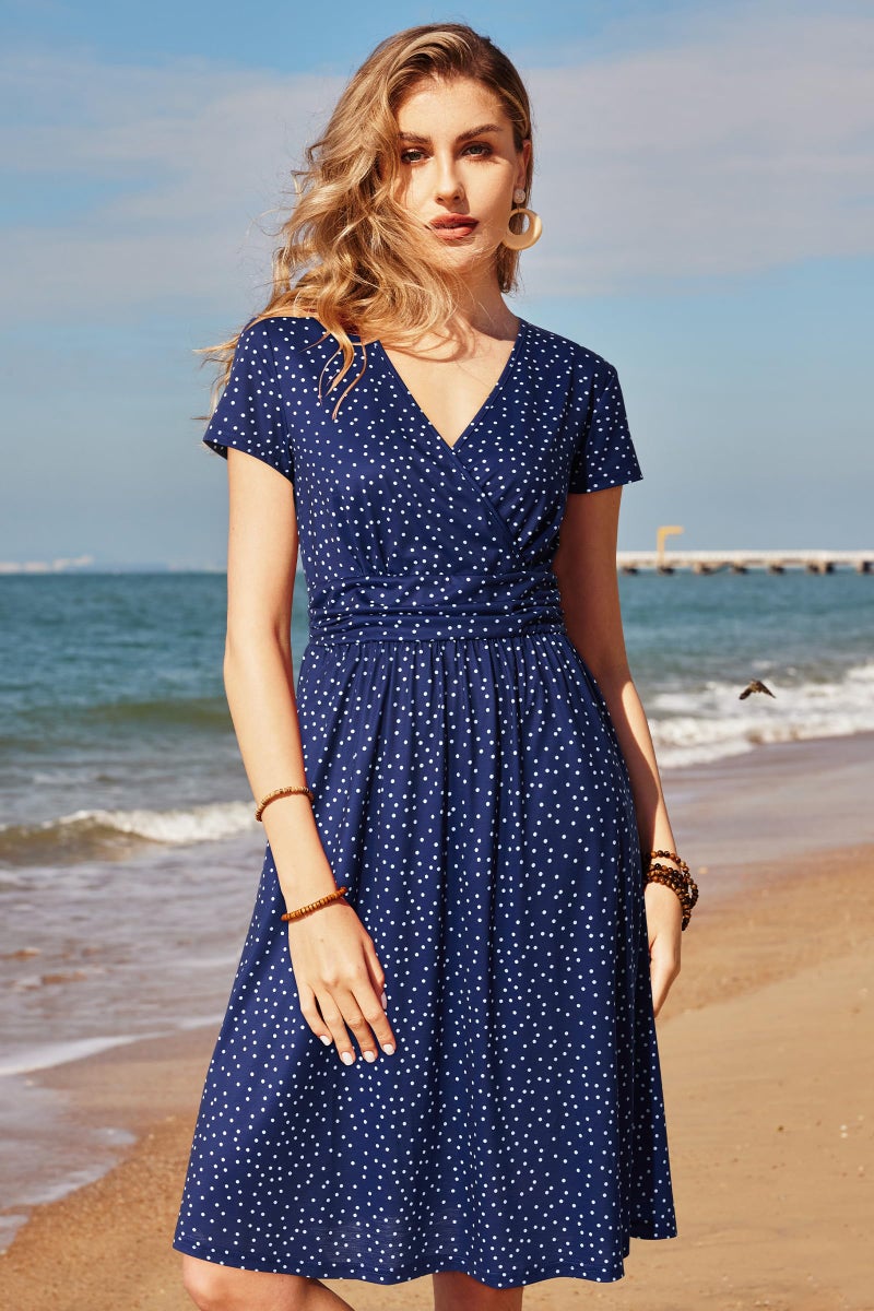 OUGES Casual Spring Summer Dress for Women 2026 Wrap V Neck A Line Midi Party Dresses with Pockets(FloralZ34,M) - Image 3