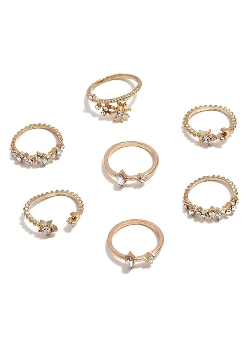 Huitich 7-Piece Gold Colour Plated Star & Crystal Ring Set – Elegant & Delicate  - Image 1
