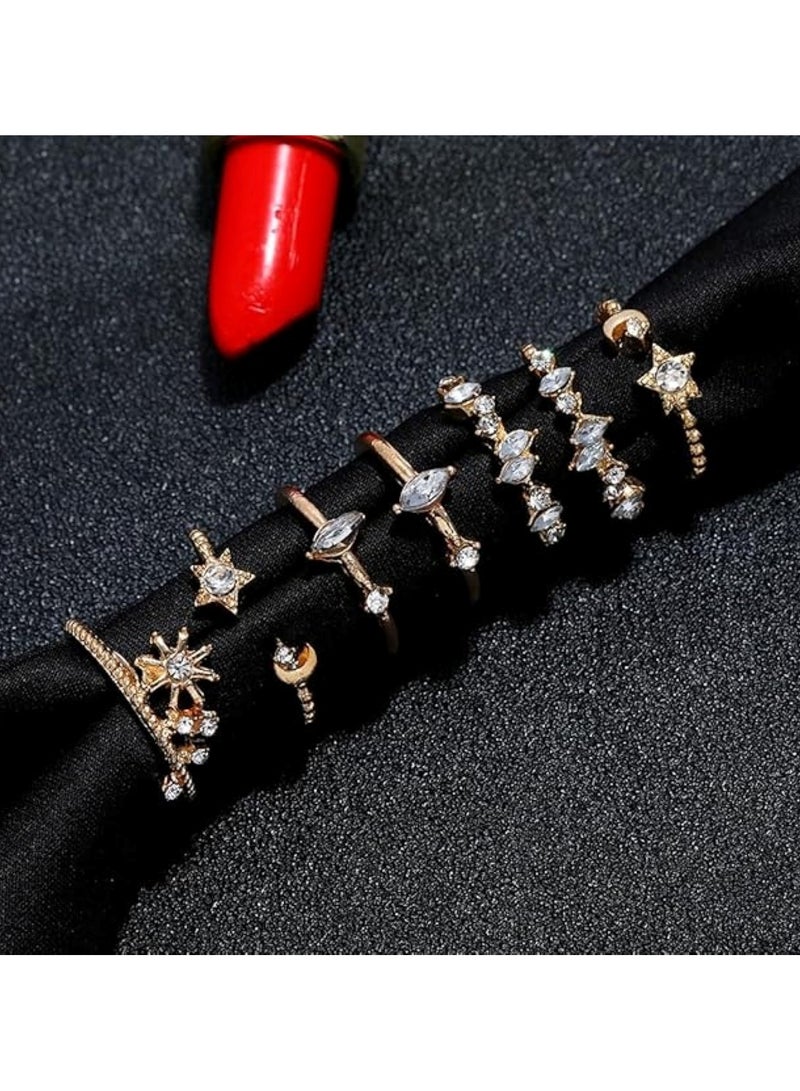 Huitich 7-Piece Gold Colour Plated Star & Crystal Ring Set – Elegant & Delicate  - Image 3