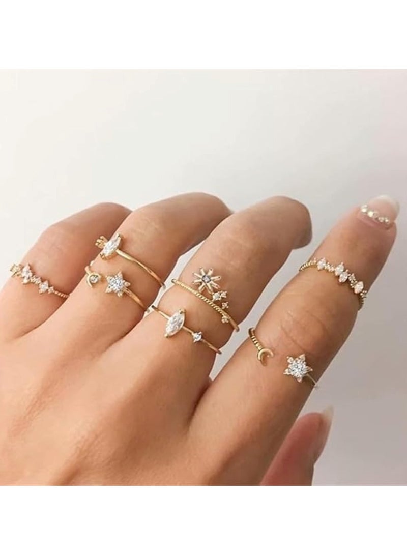 Huitich 7-Piece Gold Colour Plated Star & Crystal Ring Set – Elegant & Delicate  - Image 5