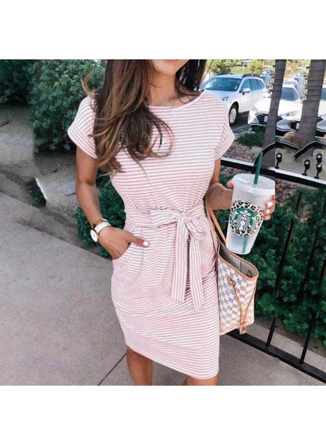 Europe And The United States Hot Round Neck Short Sleeve Waist Striped Dress Women's Clothing