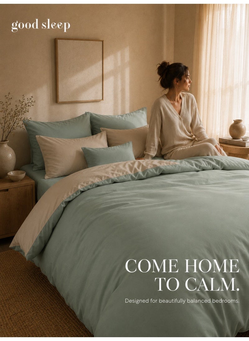 نوم جيد طقم غطاء لحاف كينج 6 قطع من Good Sleep | 220×240 سم | أخضر مريمي بلونين قابل للعكس | غطاء لحاف بسحاب مع شرشف بمطاط و4 أكياس وسائد | فائق النعومة ومقاوم للتجاعيد | صنع في دبي - Image 1