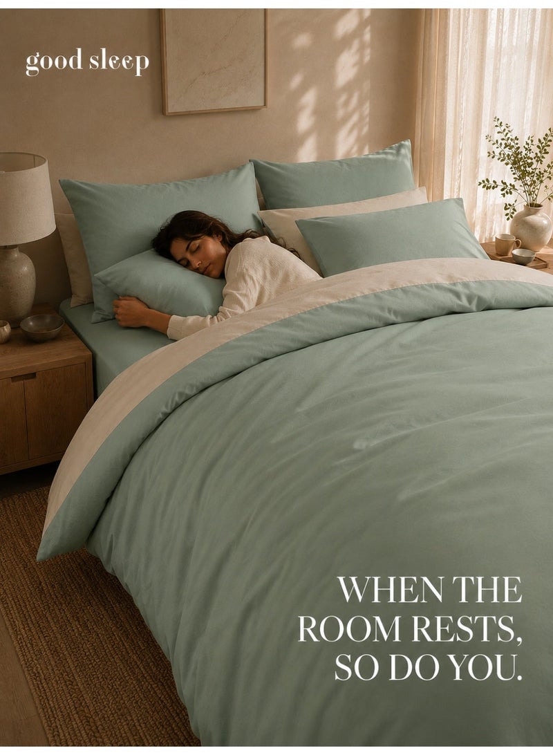نوم جيد طقم غطاء لحاف كينج 6 قطع من Good Sleep | 220×240 سم | أخضر مريمي بلونين قابل للعكس | غطاء لحاف بسحاب مع شرشف بمطاط و4 أكياس وسائد | فائق النعومة ومقاوم للتجاعيد | صنع في دبي - Image 4