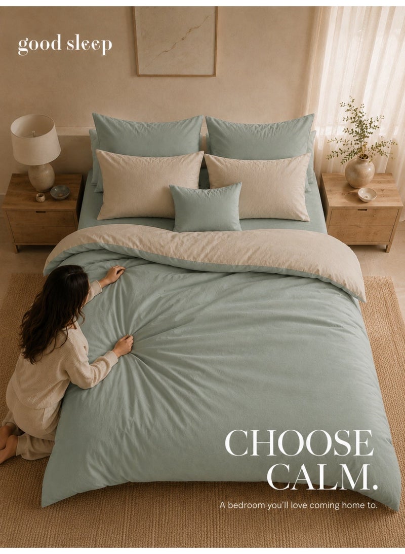 نوم جيد طقم غطاء لحاف كينج 6 قطع من Good Sleep | 220×240 سم | أخضر مريمي بلونين قابل للعكس | غطاء لحاف بسحاب مع شرشف بمطاط و4 أكياس وسائد | فائق النعومة ومقاوم للتجاعيد | صنع في دبي - Image 3