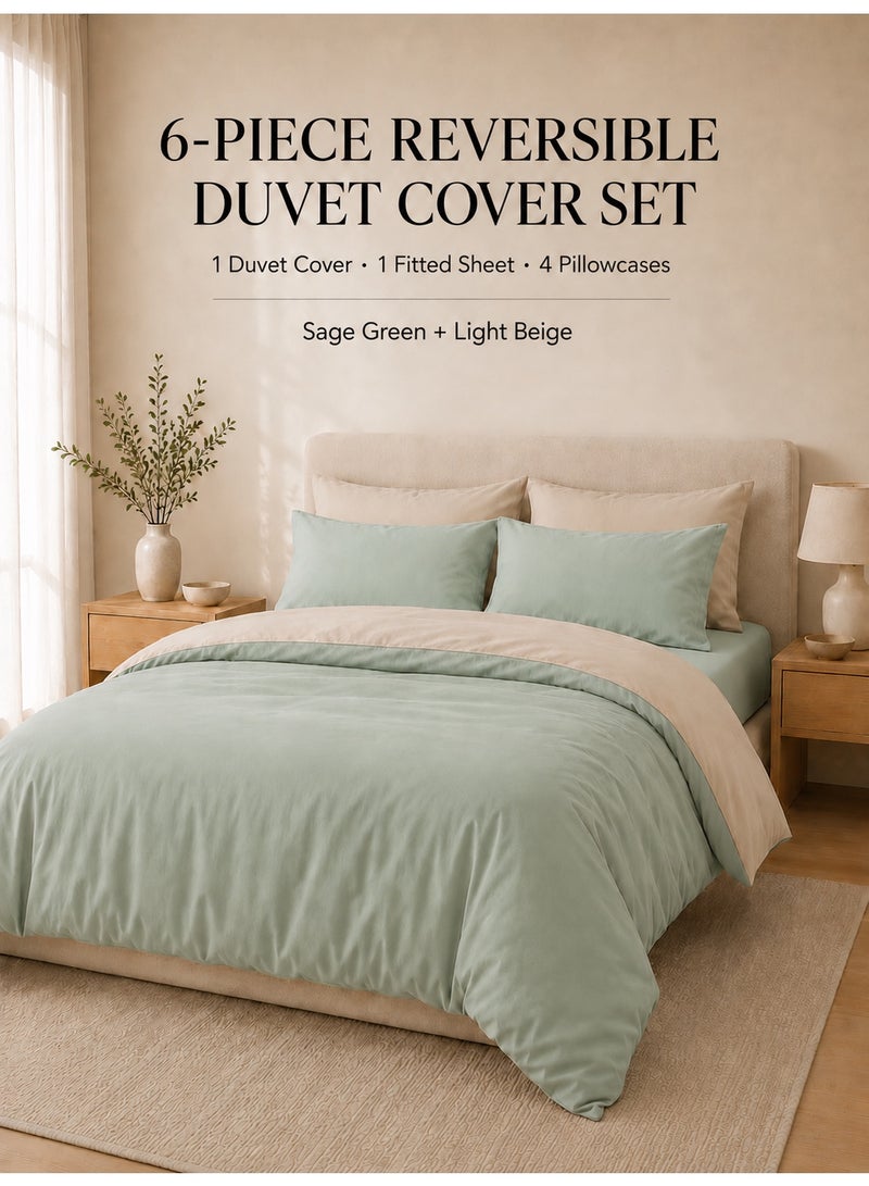 Good Sleep King Size Duvet Cover Set | 6 Piece Reversible | 220x240 cm | Sage Green Dual-Tone | Duvet Cover with Deep-Pocket Fitted Sheet & 4 Pillowcases | Ultra-Soft, Wrinkle-Free | Made in Dubai - Image 1