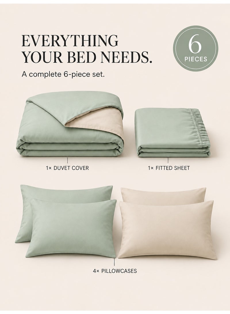 Good Sleep King Size Duvet Cover Set | 6 Piece Reversible | 220x240 cm | Sage Green Dual-Tone | Duvet Cover with Deep-Pocket Fitted Sheet & 4 Pillowcases | Ultra-Soft, Wrinkle-Free | Made in Dubai - Image 3