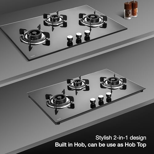 KAFF CRISTA CRH 783 Built-in Hob/Hobtop 3 Burners, Auto Electric Ignition Glass Top, 78 CM, Black Coated Tornado Style Burners, SS Drip Tray, 8 MM Thick Toughened Glass (Black) - Image 5