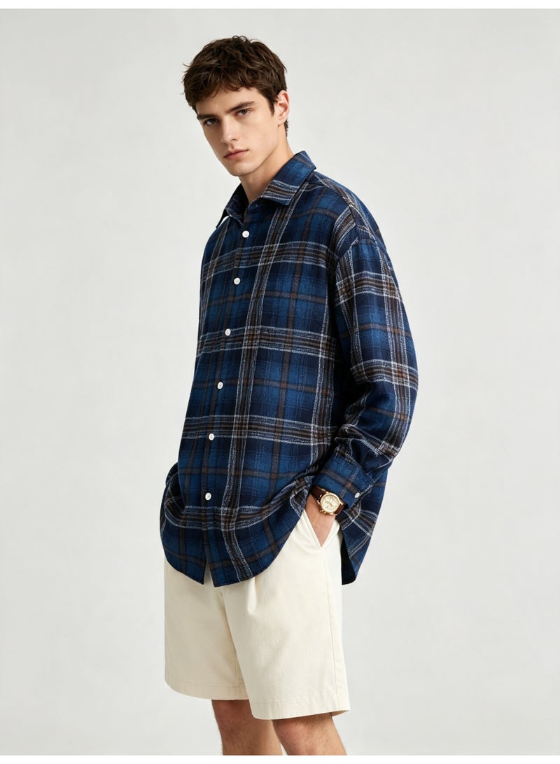 زارا ZARA Men’s Blue Brown Plaid Flannel Long Sleeve Shirt, Loose Oversized Lapel Casual Button Down Check Shirt - Image 3
