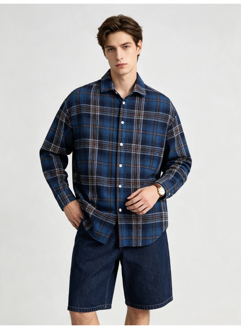 زارا ZARA Men’s Blue Brown Plaid Flannel Long Sleeve Shirt, Loose Oversized Lapel Casual Button Down Check Shirt - Image 4