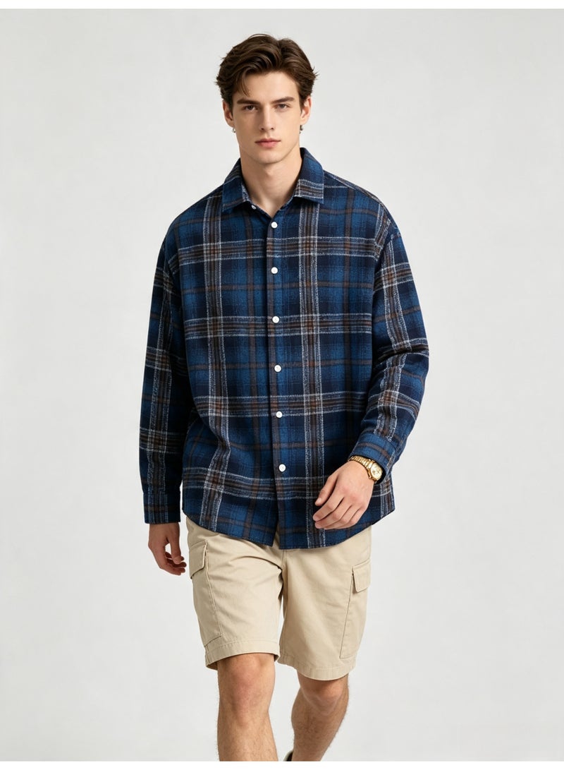 زارا ZARA Men’s Blue Brown Plaid Flannel Long Sleeve Shirt, Loose Oversized Lapel Casual Button Down Check Shirt - Image 5