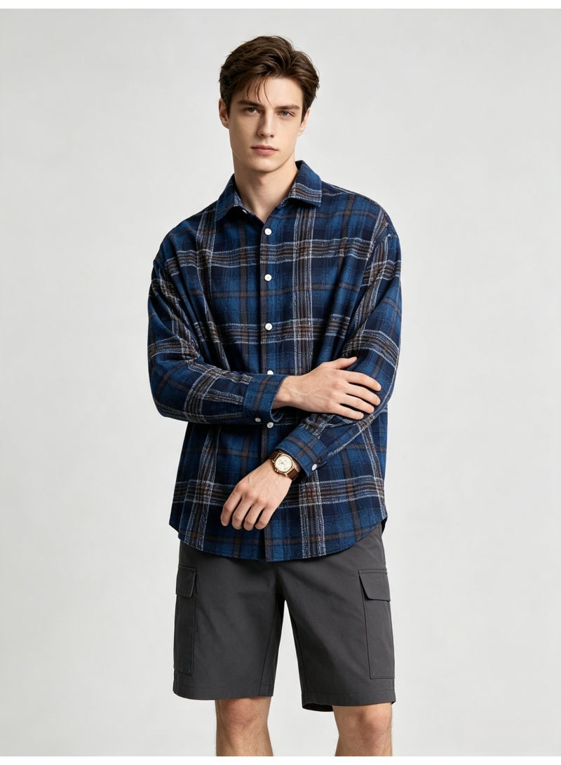 زارا ZARA Men’s Blue Brown Plaid Flannel Long Sleeve Shirt, Loose Oversized Lapel Casual Button Down Check Shirt - Image 1