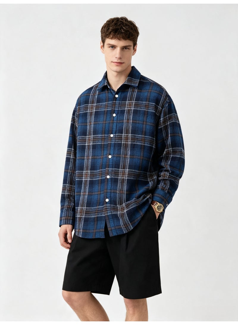 زارا ZARA Men’s Blue Brown Plaid Flannel Long Sleeve Shirt, Loose Oversized Lapel Casual Button Down Check Shirt - Image 2