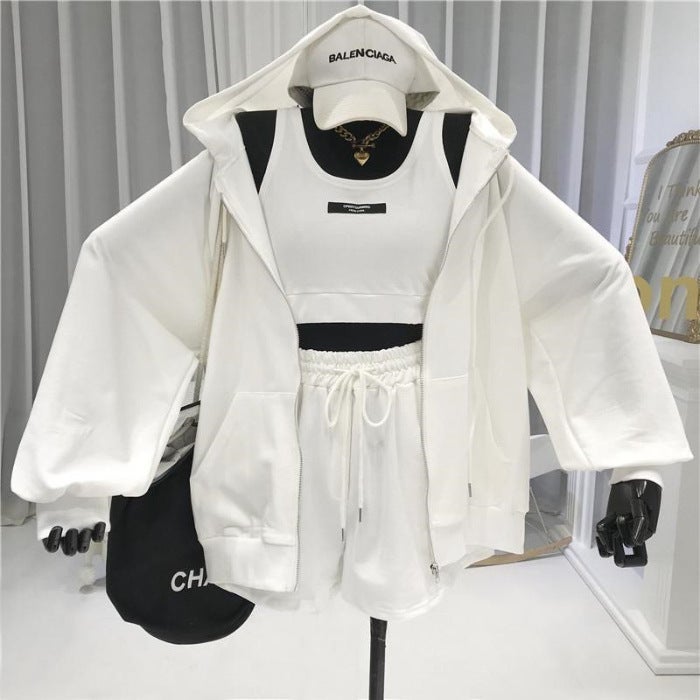 Sports Style suit Womens Spring and Autumn Clothing Fashion Casual Age-reducing Fitness Running Cyber Popular Age-reducing Sweatshirt Shorts Three-piece Set White