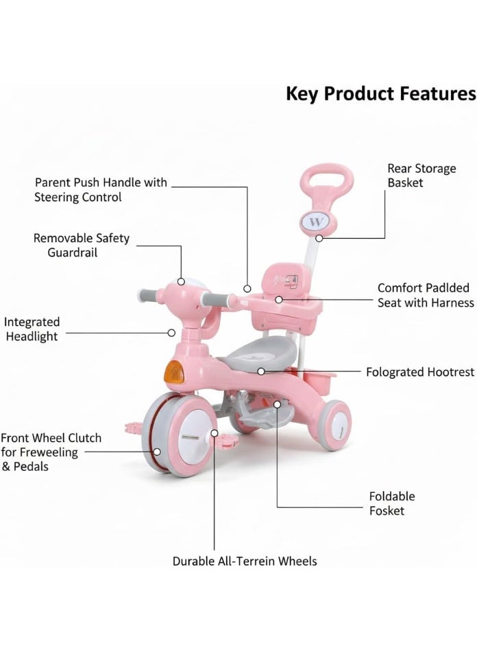 Kids Tricycle with Push Handle, Pink, Adjustable Seat, White Wheels - Image 4