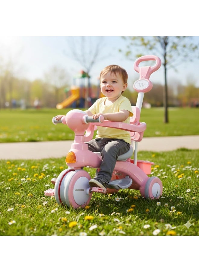 Kids Tricycle with Push Handle, Pink, Adjustable Seat, White Wheels - Image 2