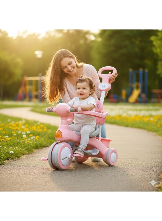 Kids Tricycle with Push Handle, Pink, Adjustable Seat, White Wheels - Image 3