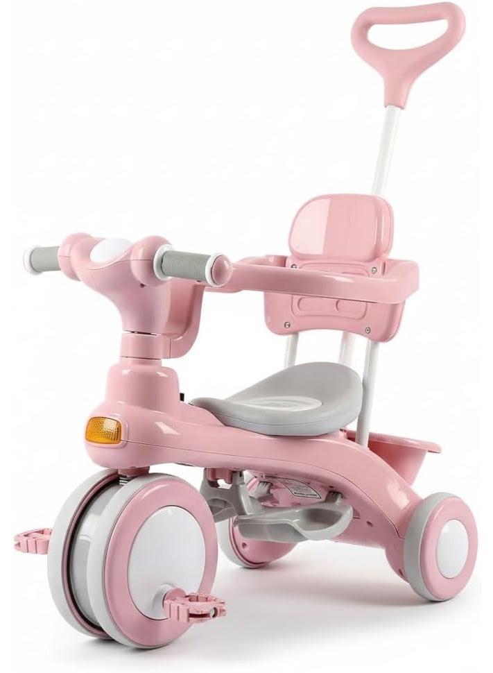 Kids Tricycle with Push Handle, Pink, Adjustable Seat, White Wheels - Image 1