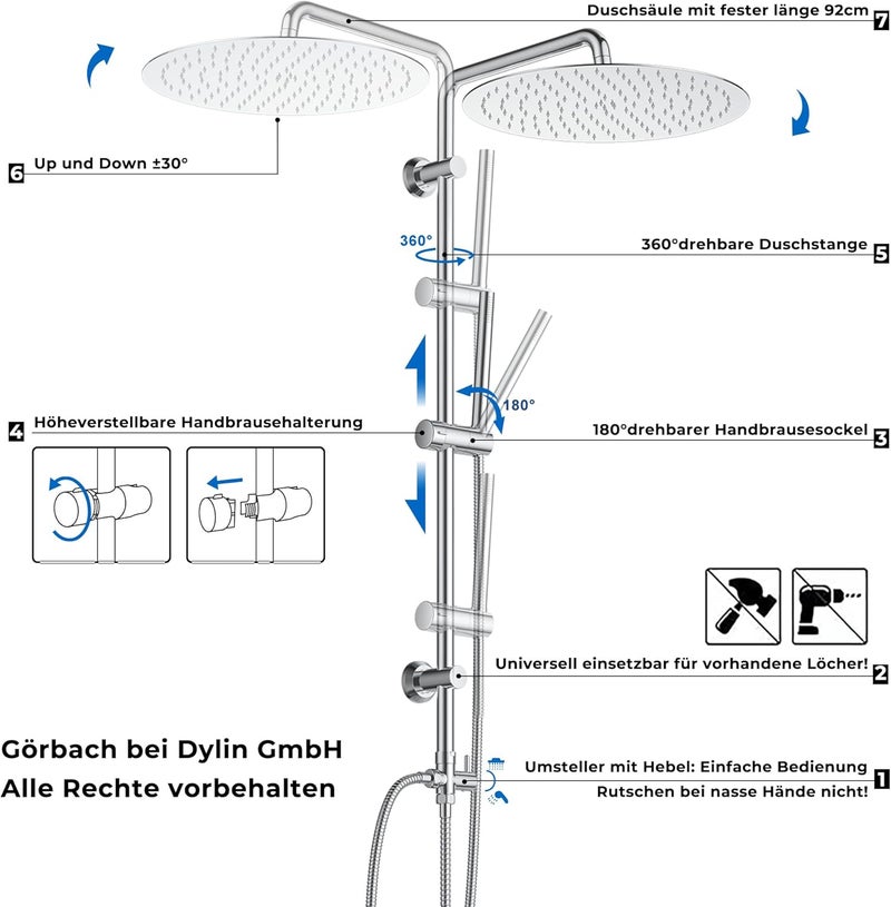 Cross-location transit friendly build Görbach Hydromassage Shower Column with High Pressure Rain Shower System for Bathroom Shower Set with Shower Head D30cm Low dust buildup - Image 3