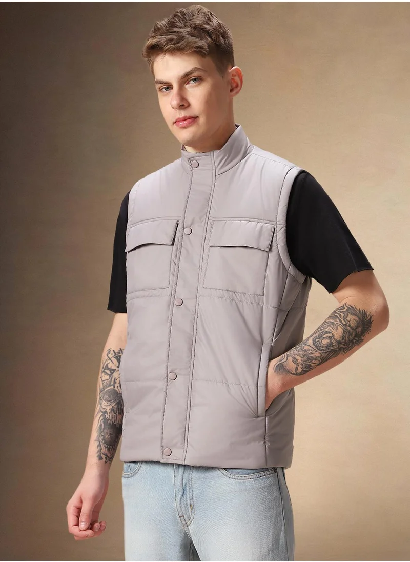 Dennis Lingo Men's Grey 100% Polyester Solid Regular Fit Jacket