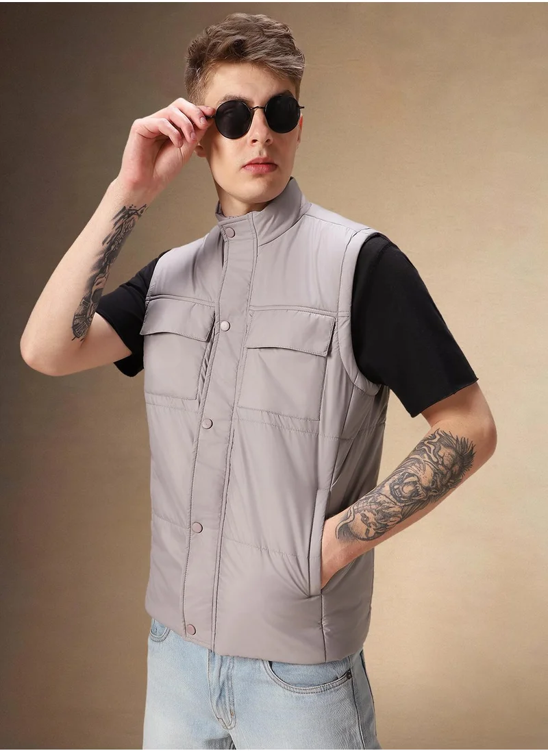 Dennis Lingo Men's Grey 100% Polyester Solid Regular Fit Jacket