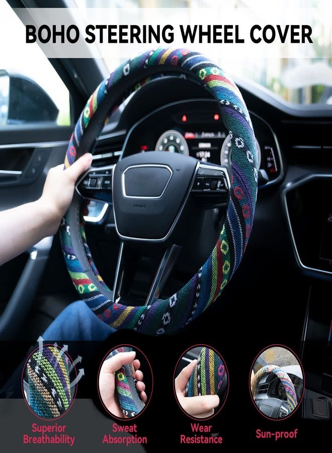 Limsas Boho Steering Wheel Cover, Bohemian Car Steering Wheel Covers for Women, Universal Fit 14.5-15 inch Car, Flax Cloth Anti-Slip Breathable Sweat Absorb Elastic Hippie Protector Cover -Style2 - Image 2