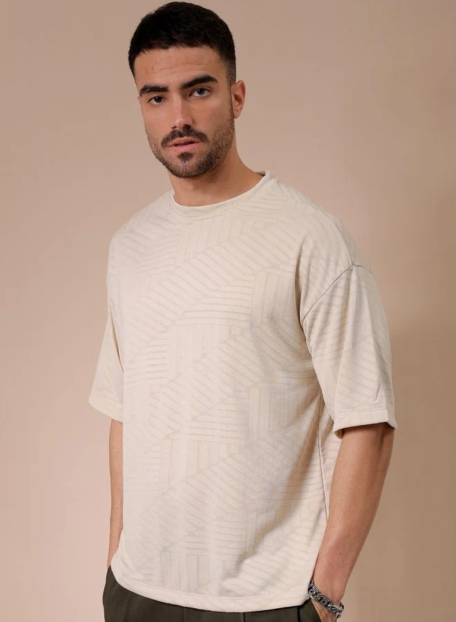 شركة المرآب الهندية Men Oversized Self Design Round Neck Tshirt