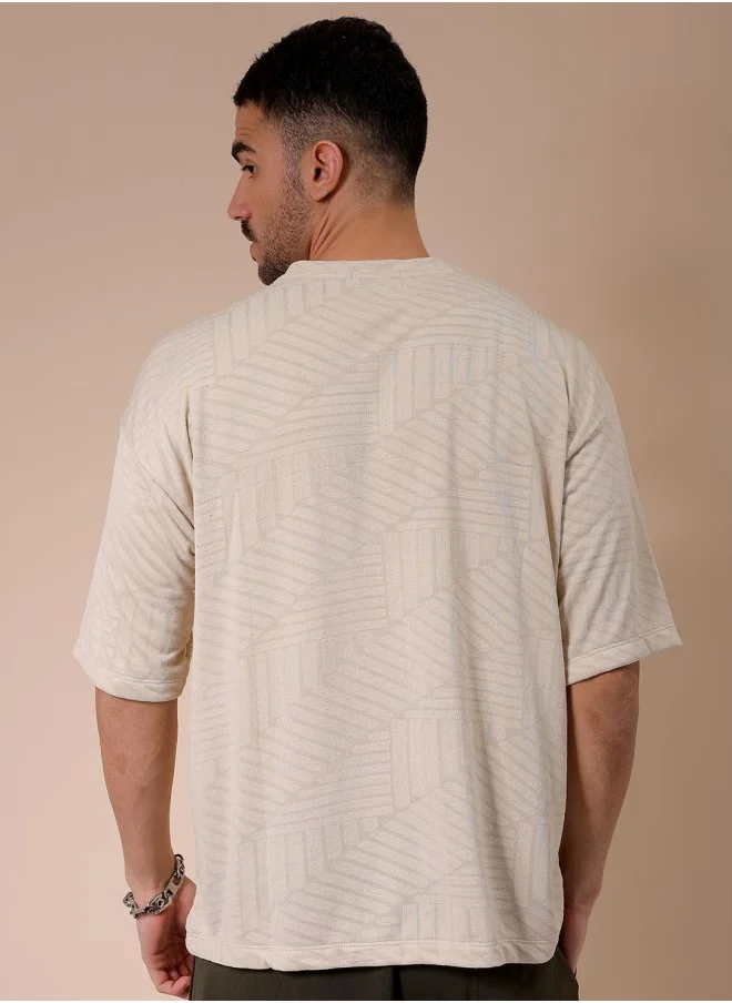 شركة المرآب الهندية Men Oversized Self Design Round Neck Tshirt