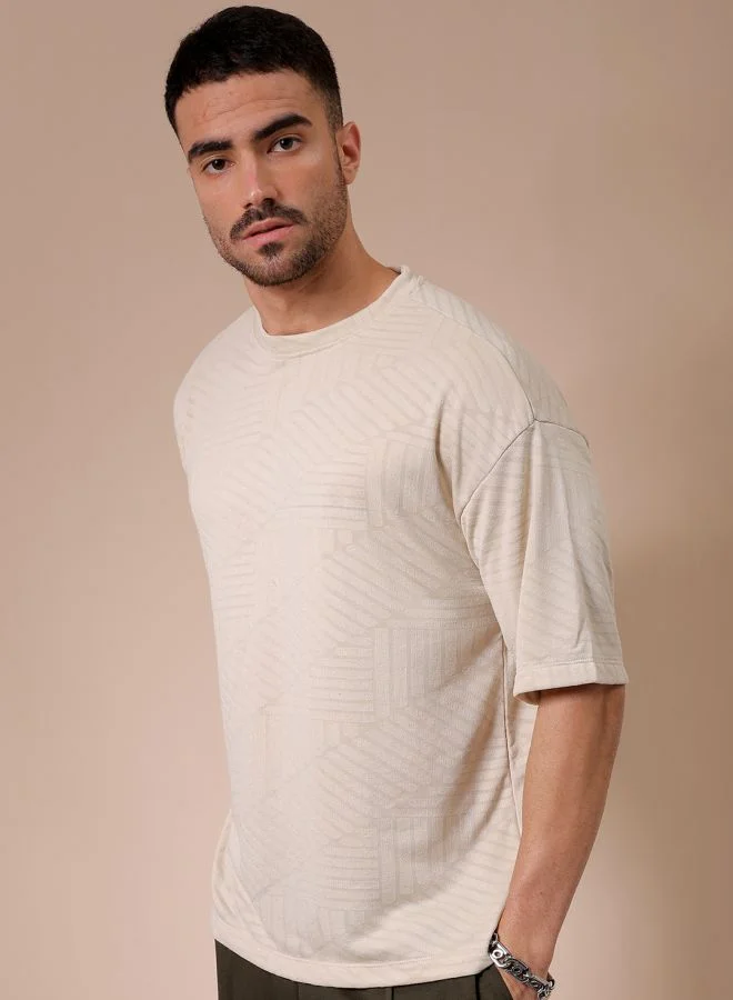شركة المرآب الهندية Men Oversized Self Design Round Neck Tshirt