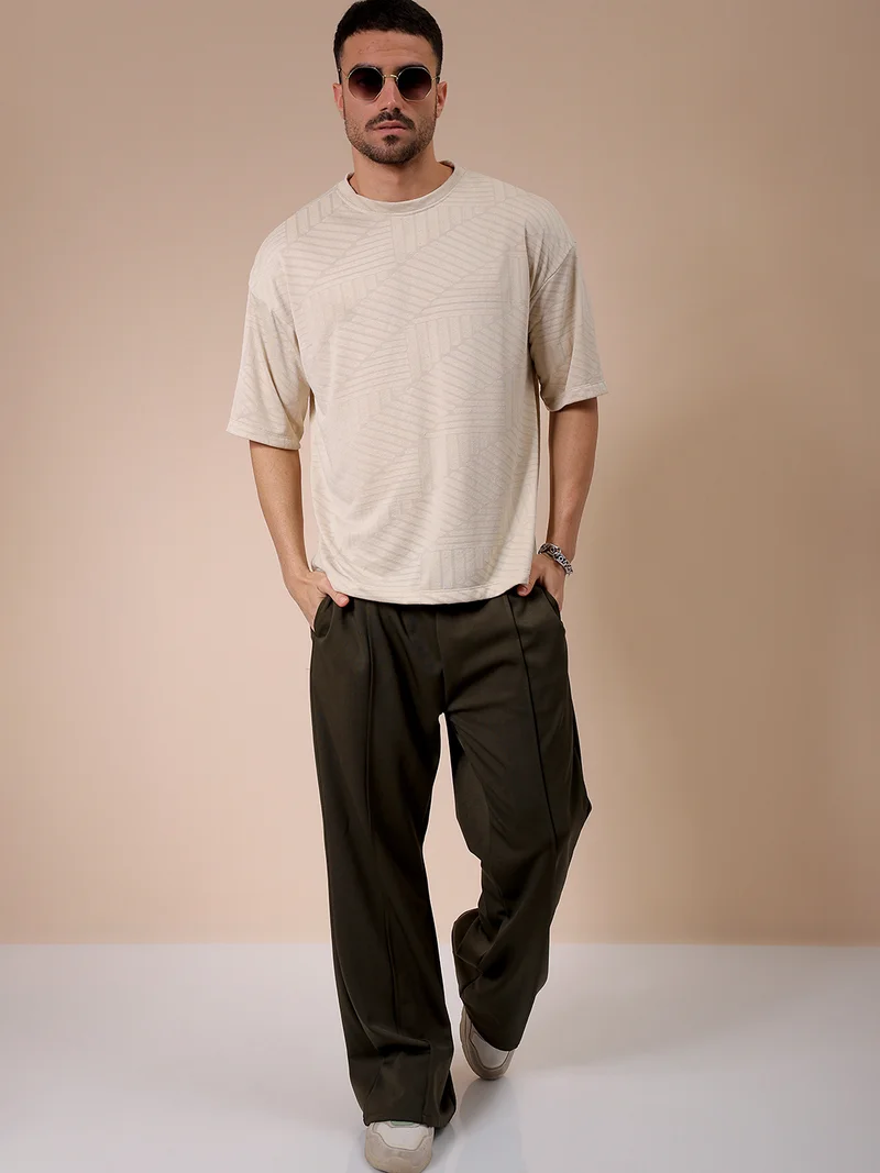 شركة المرآب الهندية Men Oversized Self Design Round Neck Tshirt