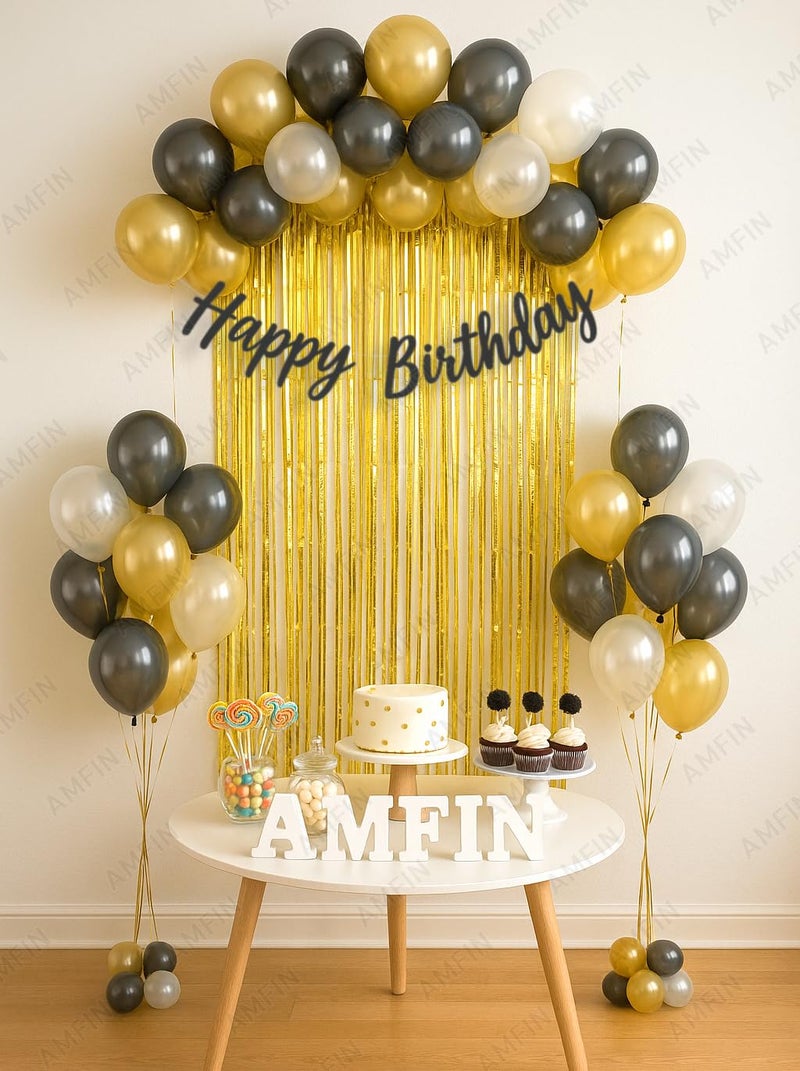 AMFIN (Pack of 34) Backdrop Bliss Birthday Decoration DIY Kit with Balloons, Fringe Curtain and Banner - Black, Gold & White - Image 1