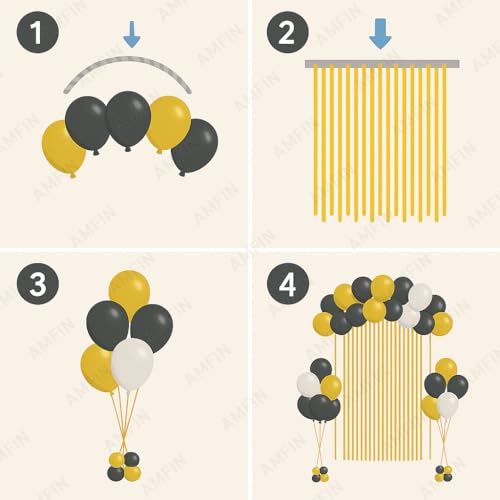 AMFIN (Pack of 34) Backdrop Bliss Birthday Decoration DIY Kit with Balloons, Fringe Curtain and Banner - Black, Gold & White - Image 4