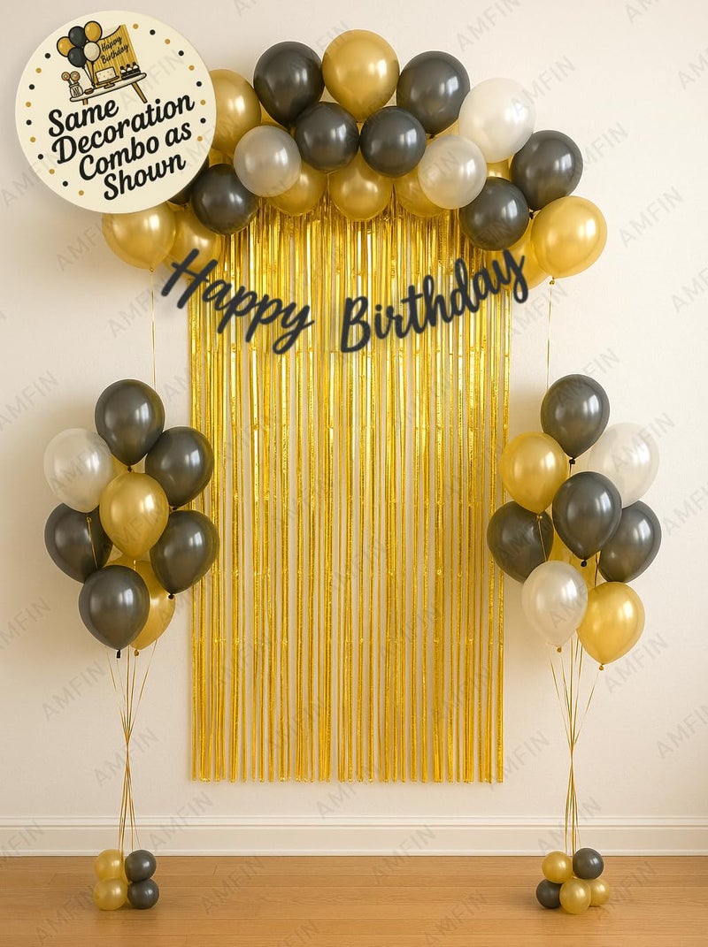 AMFIN (Pack of 34) Backdrop Bliss Birthday Decoration DIY Kit with Balloons, Fringe Curtain and Banner - Black, Gold & White - Image 2