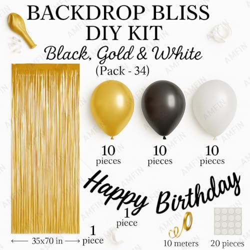 AMFIN (Pack of 34) Backdrop Bliss Birthday Decoration DIY Kit with Balloons, Fringe Curtain and Banner - Black, Gold & White - Image 3
