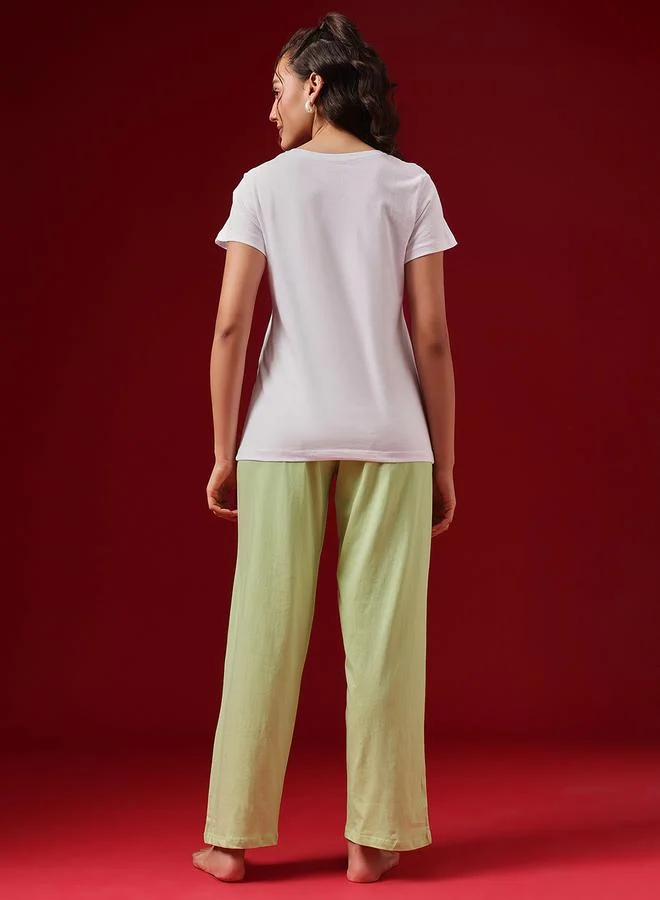 Clovia White Cotton Printed T-Shirt and Pyjama Set for Women | Best Price UAE