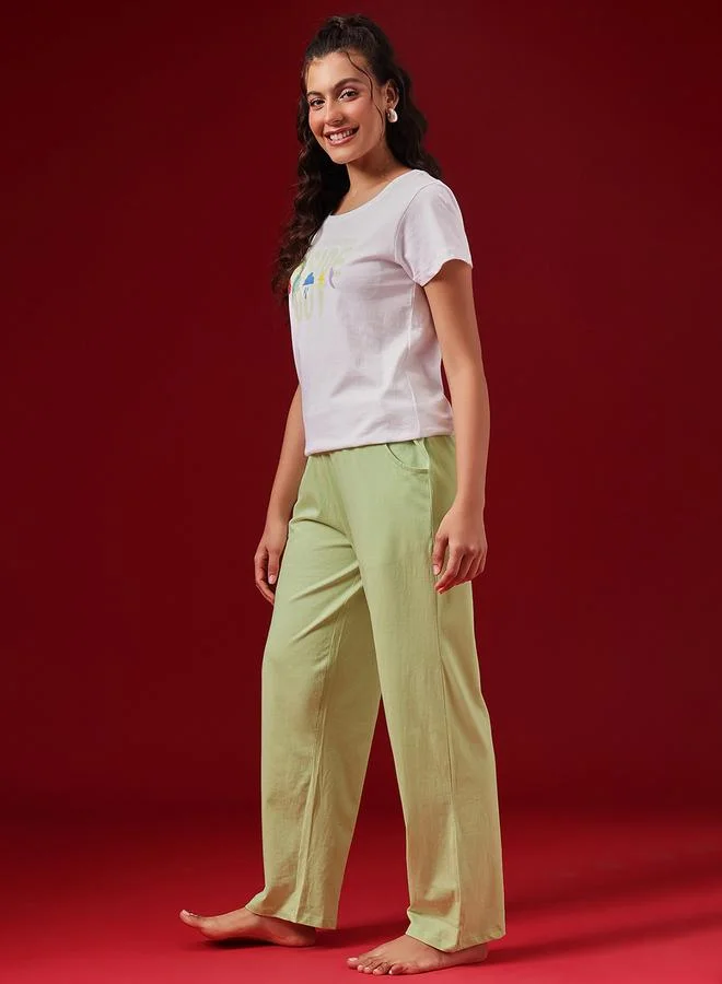 Clovia White Cotton Printed T-Shirt and Pyjama Set for Women | Best Price UAE
