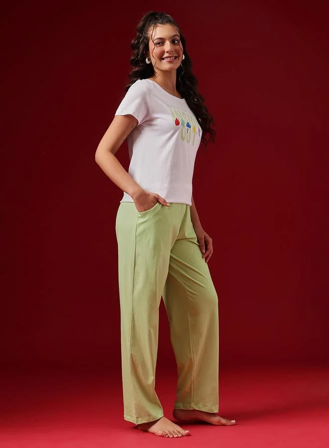 Clovia White Cotton Printed T-Shirt and Pyjama Set for Women | Best Price UAE