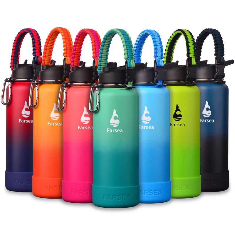 Farsea Insulated Water Bottle With Paracord Handle Protective Silicone Boot and 2 Lids Straw Lid Spout Lid Stainless Steel Water Bottle Wide Mouth Double Wall SweatProof BPAFree 40 oz
